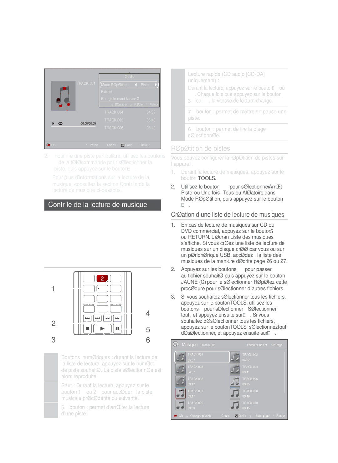 Samsung HT-H5550K/SJ manual Contrôle de la lecture de musique, Boutons de la télécommande servant à lécoute de musique 