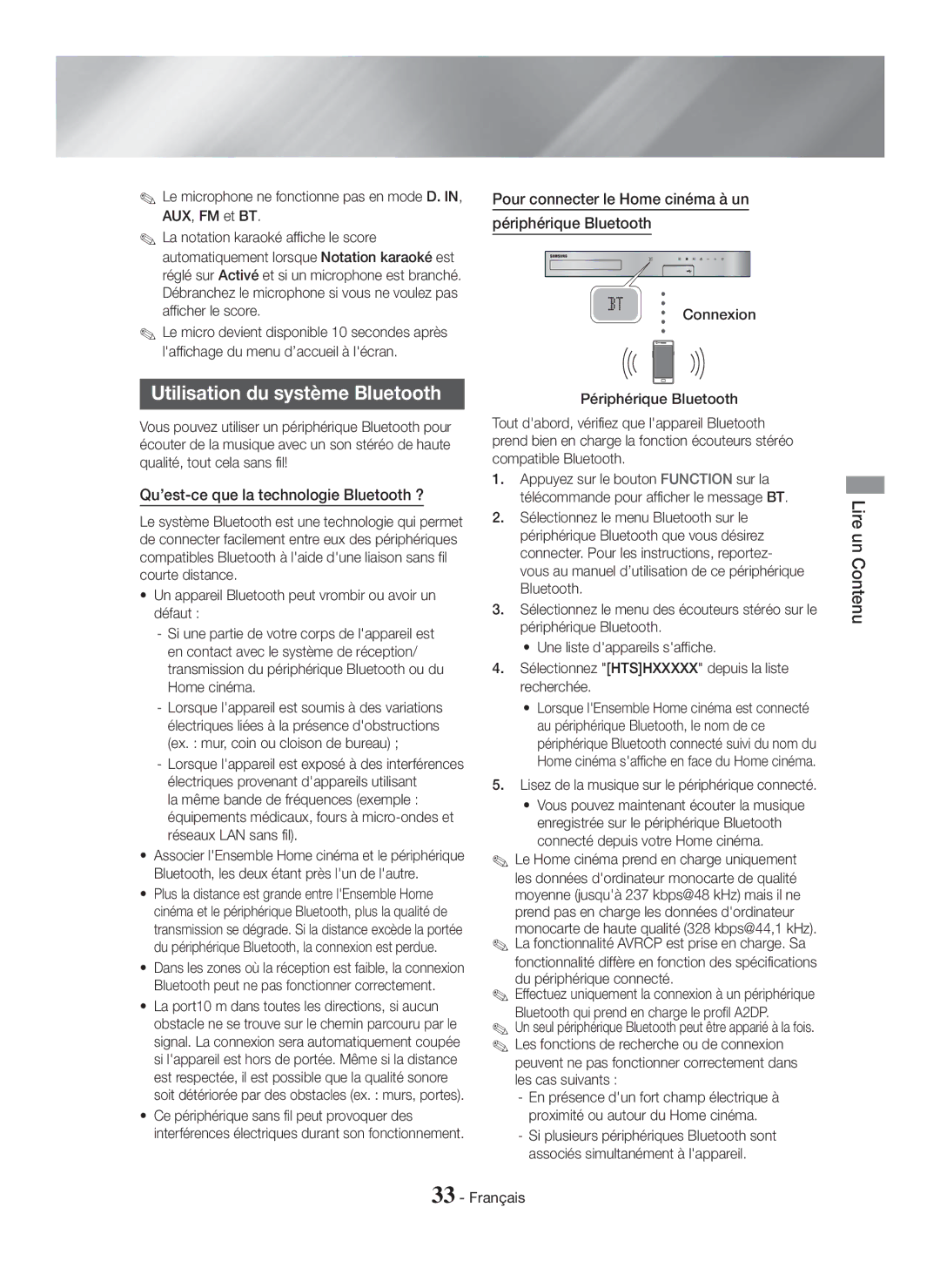 Samsung HT-H5550K/SJ manual Utilisation du système Bluetooth, Pour connecter le Home cinéma à un Périphérique Bluetooth 