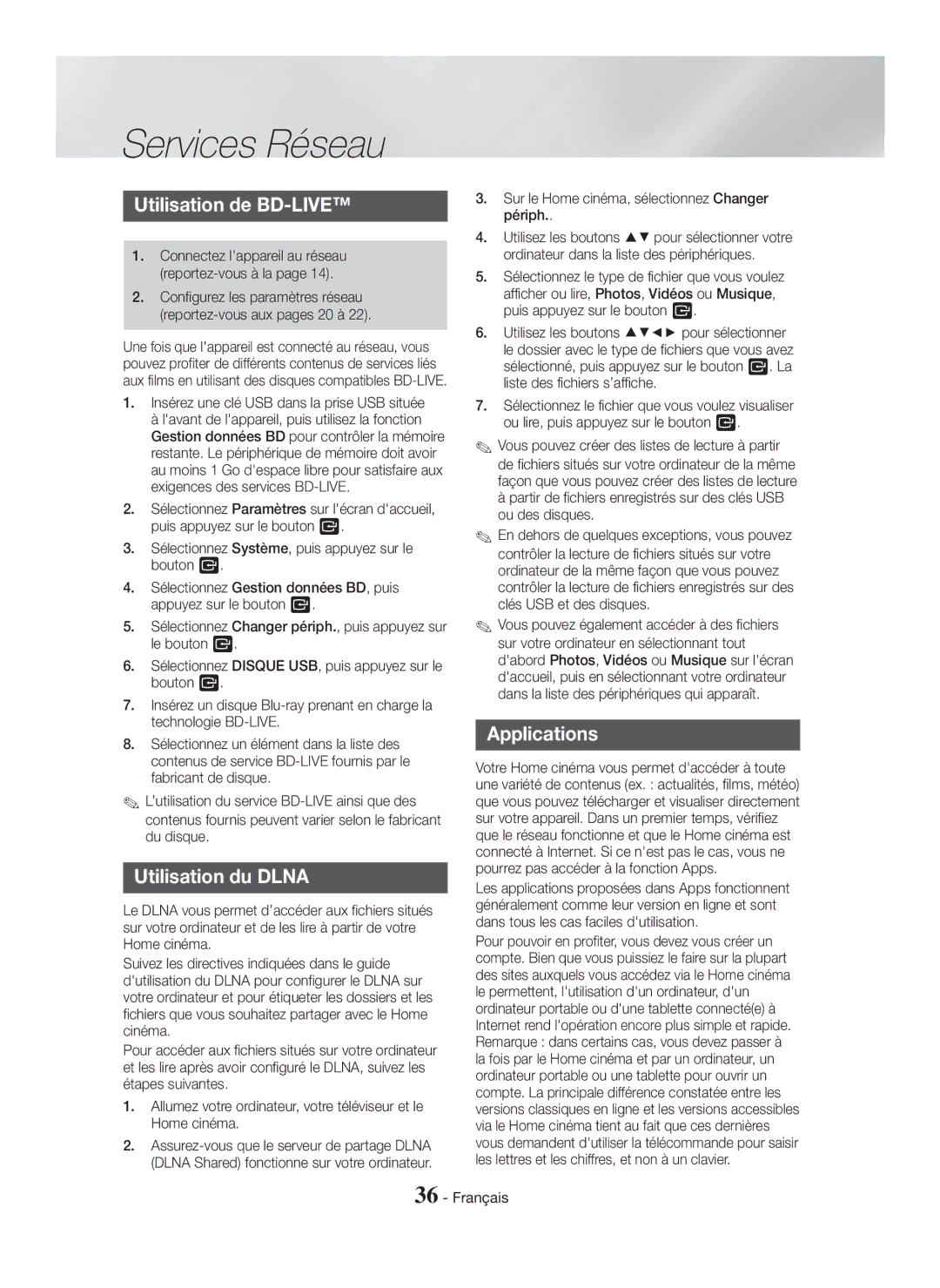 Samsung HT-H5550K/SJ manual Services Réseau, Utilisation de BD-LIVE, Applications, Utilisation du Dlna 