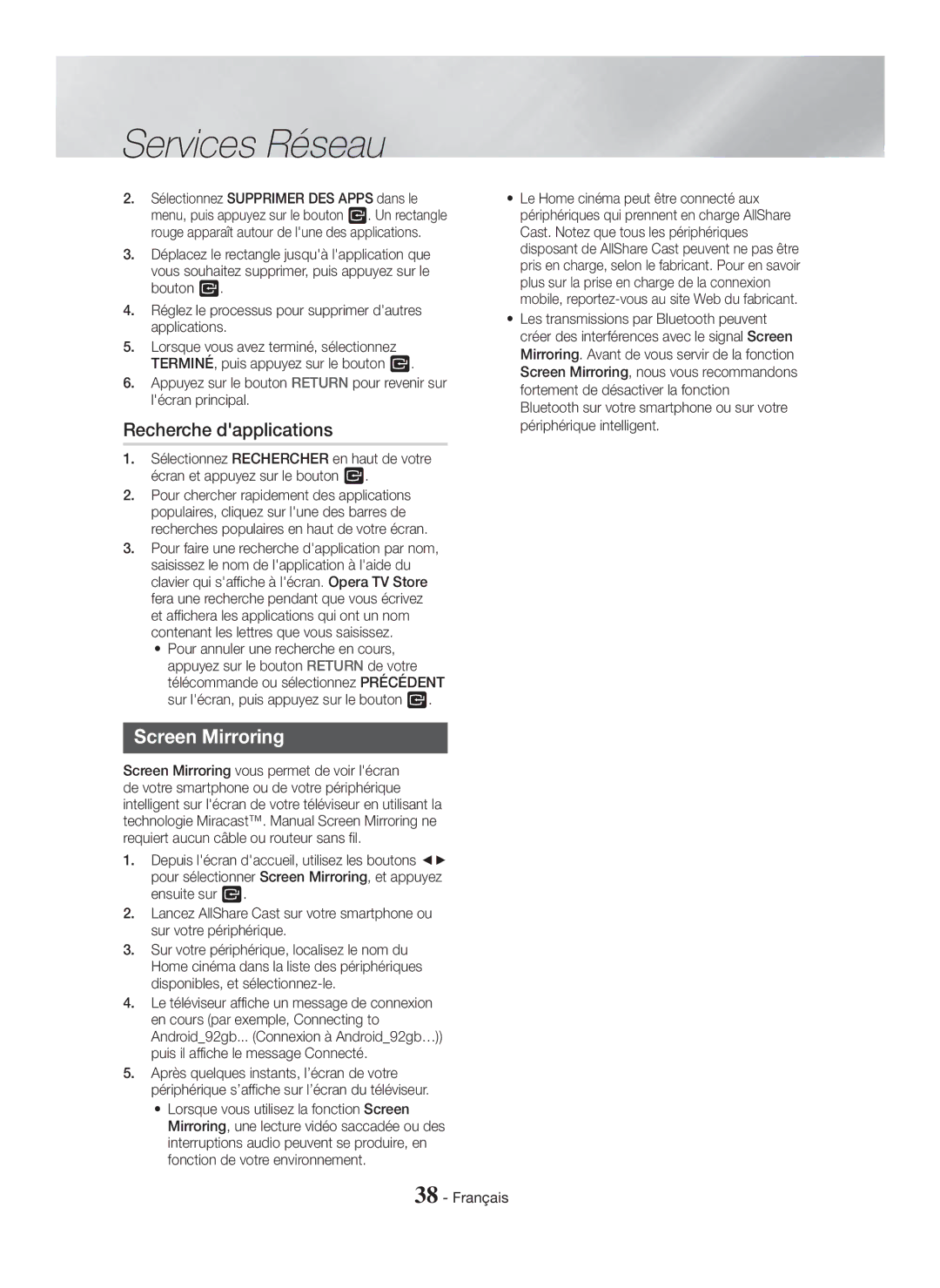 Samsung HT-H5550K/SJ manual Recherche dapplications, Screen Mirroring 