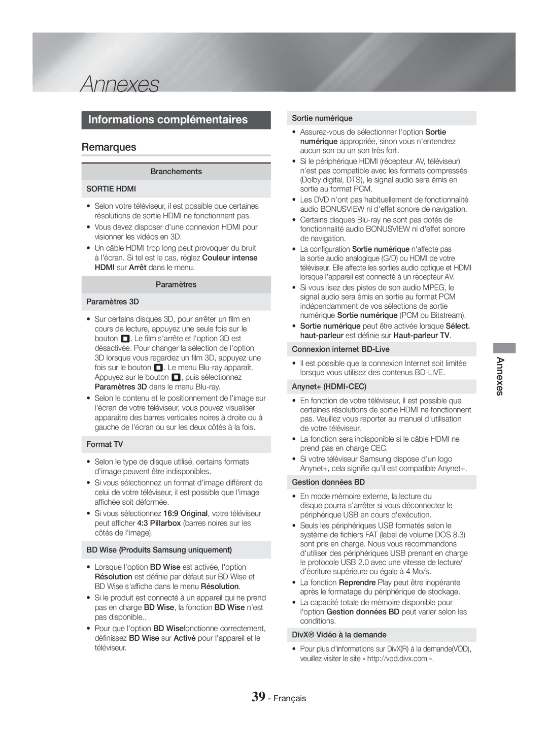 Samsung HT-H5550K/SJ manual Annexes, Informations complémentaires, Remarques, Sortie Hdmi 