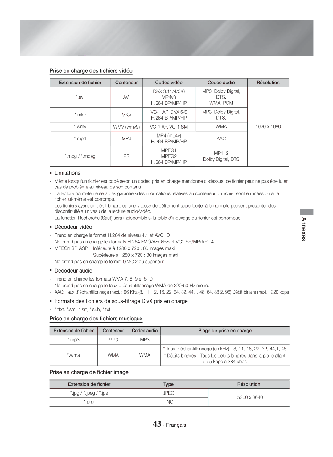 Samsung HT-H5550K/SJ manual Prise en charge des fichiers vidéo,  Décodeur vidéo,  Décodeur audio 