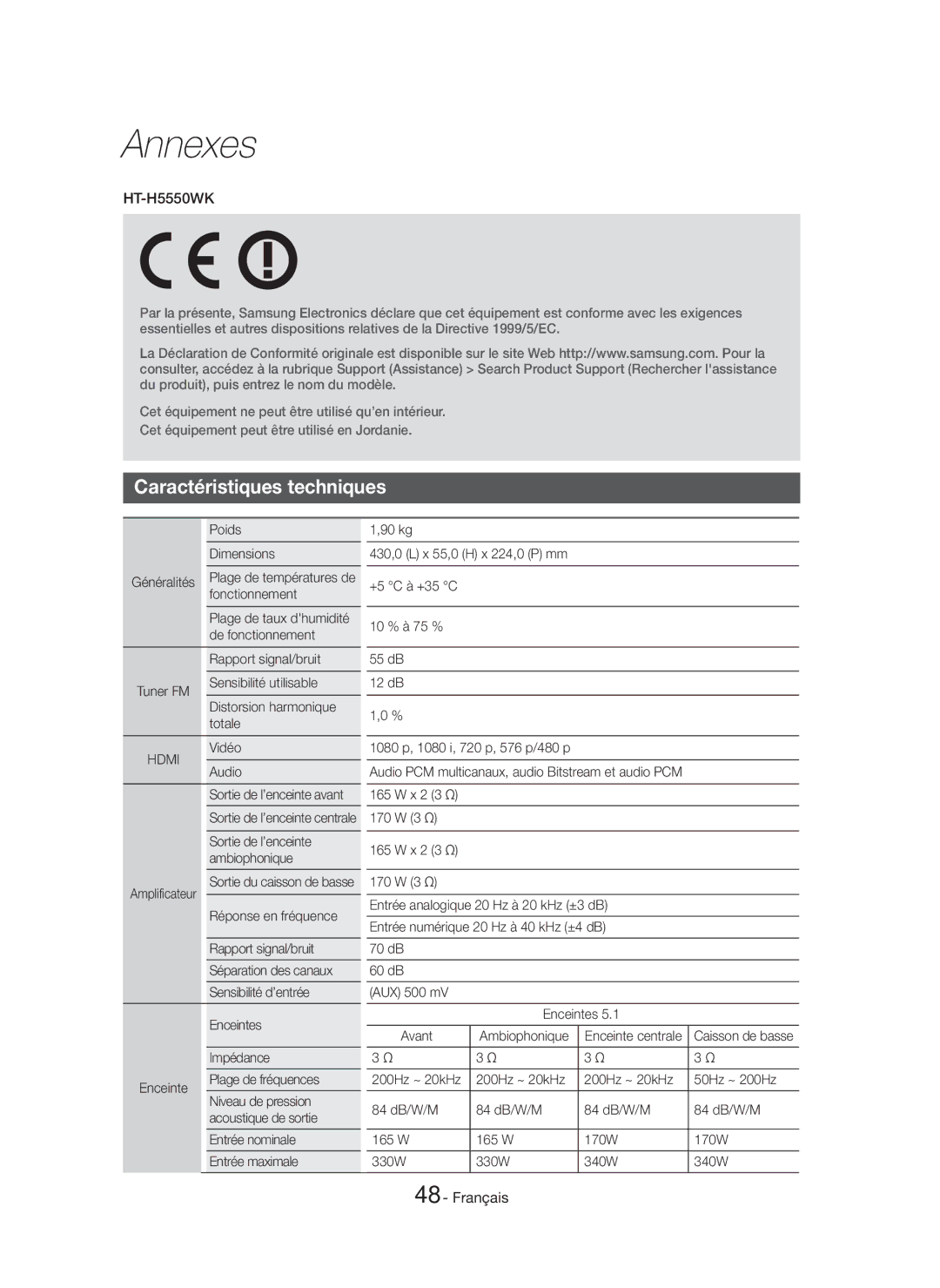 Samsung HT-H5550K/SJ manual Caractéristiques techniques 