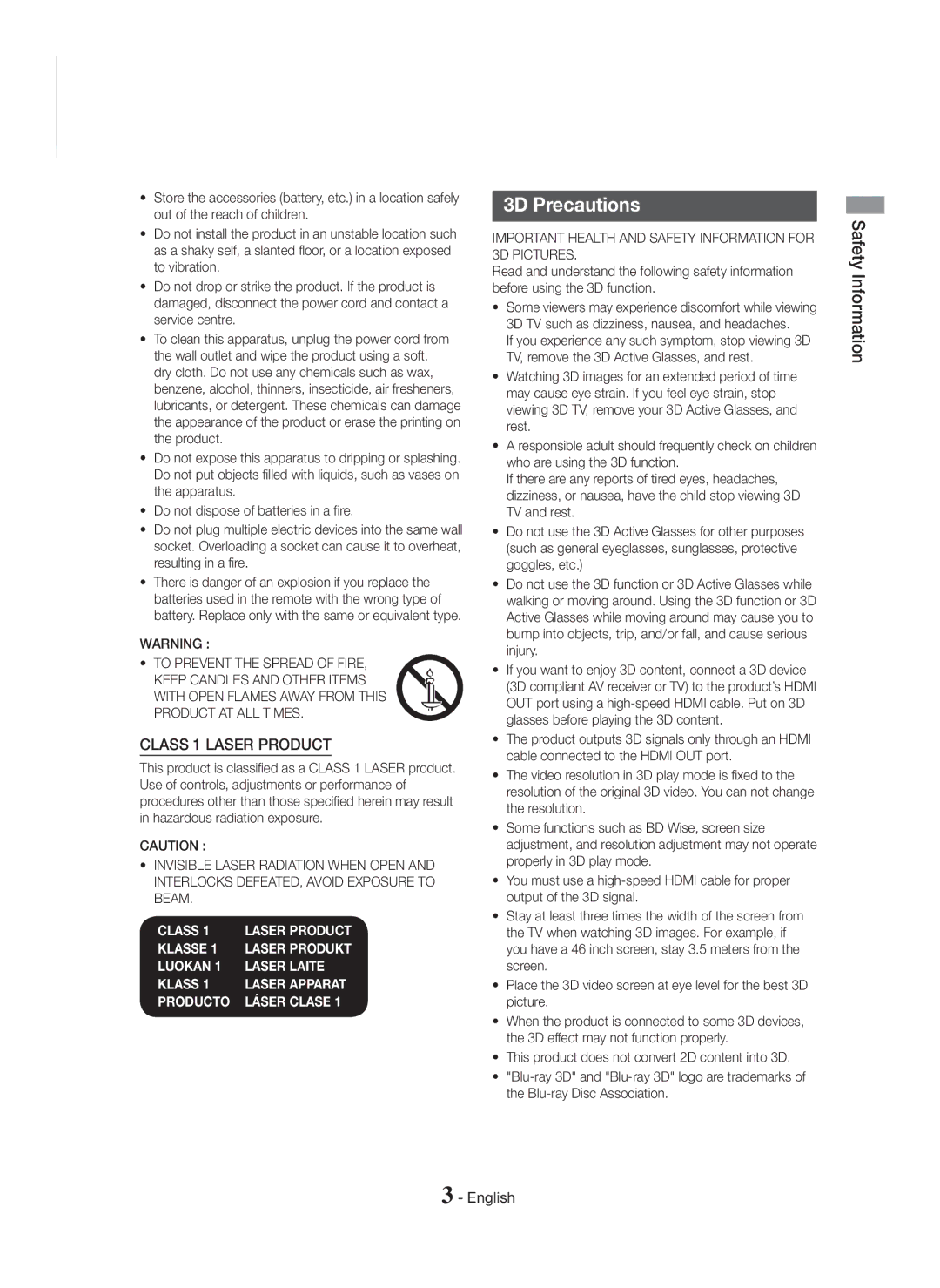 Samsung HT-H5550K/SJ manual 3D Precautions, Important Health and Safety Information for 3D Pictures 