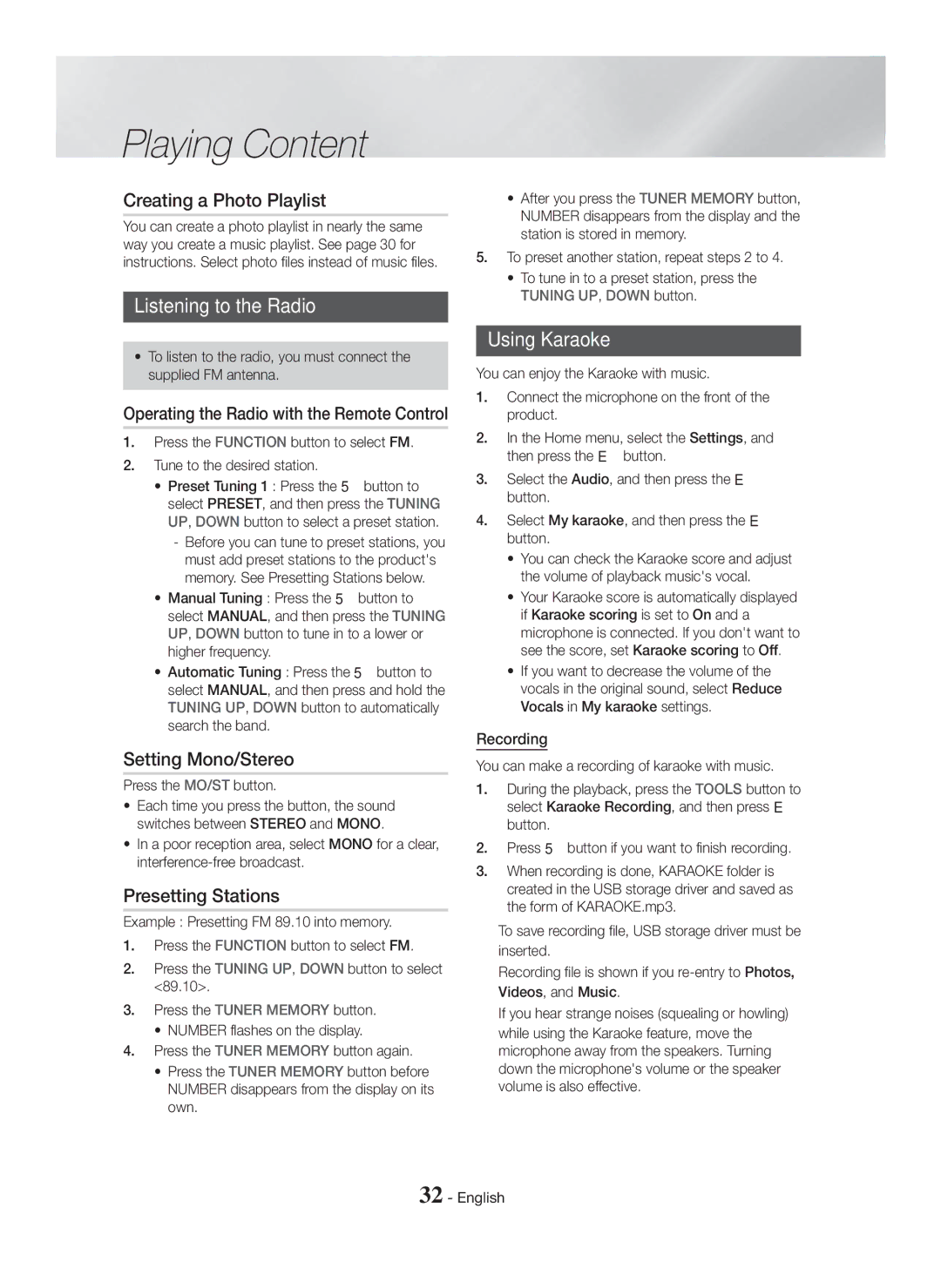 Samsung HT-H5550K/SJ manual Creating a Photo Playlist, Listening to the Radio, Setting Mono/Stereo, Presetting Stations 