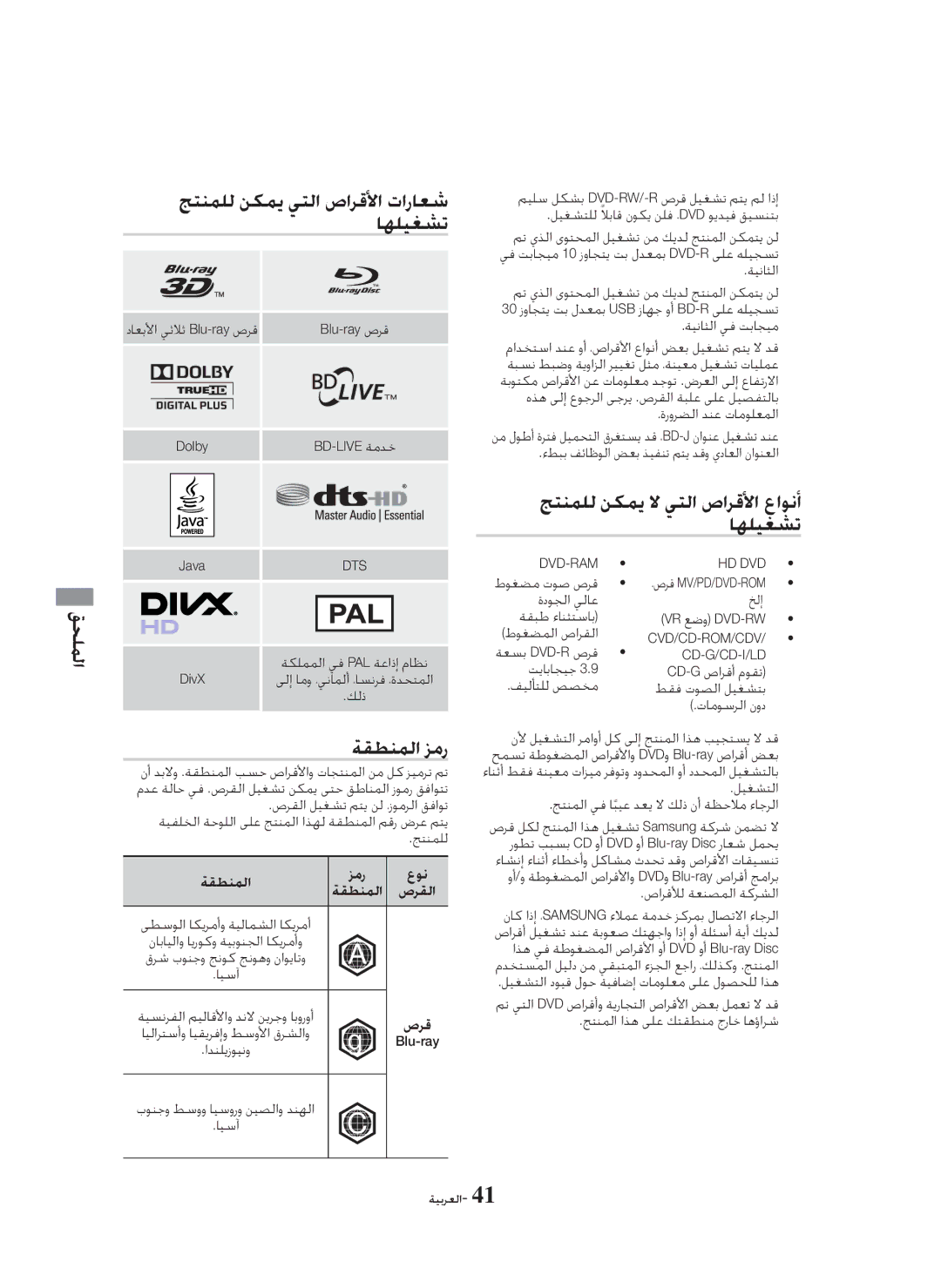 Samsung HT-H5550K/SJ manual ﺞﺘﻨﻤﻠﻟ ﻦﻜﻤﻳ ﻲﺘﻟﺍ ﺹﺍﺮﻗﻷﺍ ﺕﺍﺭﺎﻌﺷ, ﺎﻬﻠﻴﻐﺸﺗ, ﺞﺘﻨﻤﻠﻟ ﻦﻜﻤﻳ ﻻ ﻲﺘﻟﺍ ﺹﺍﺮﻗﻷﺍ ﻉﺍﻮﻧﺃ, ﺔﻘﻄﻨﻤﻟﺍ ﺰﻣﺭ 