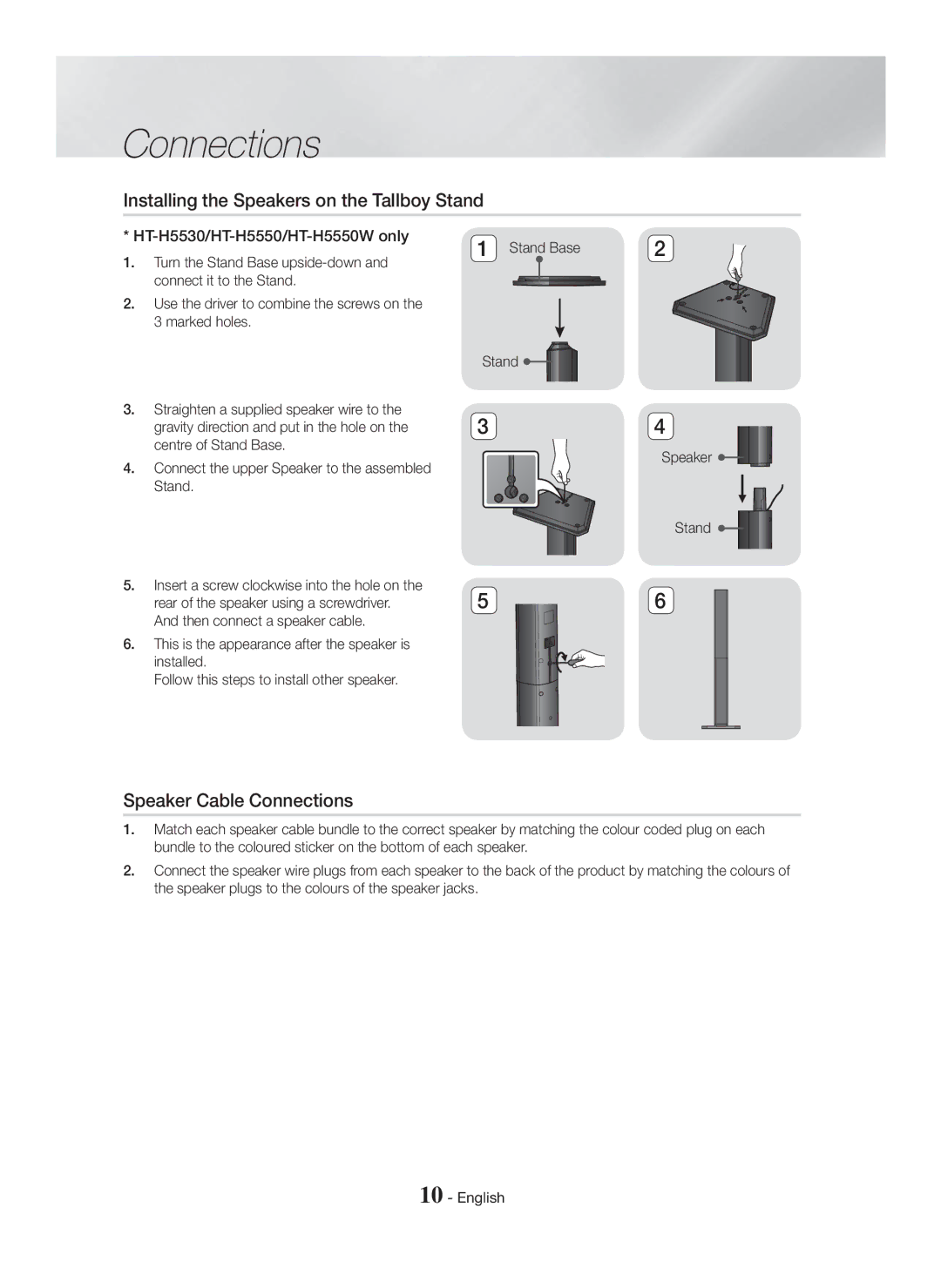 Samsung HT-H5500/EN, HT-H5550W/TK manual Installing the Speakers on the Tallboy Stand, Speaker Cable Connections, Stand Base 