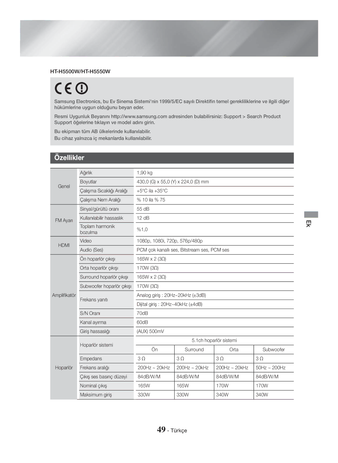 Samsung HT-H5500/EN, HT-H5550W/TK, HT-H5550W/EN, HT-H5550/TK, HT-H5550/EN, HT-H5500/TK, HT-H5550/ZF Özellikler, 49 Türkçe, Hdmi 