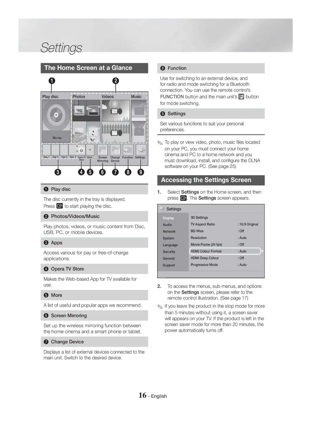 Samsung HT-H5500/ZF, HT-H5550W/TK, HT-H5500/EN, HT-H5550W/EN manual Home Screen at a Glance, Accessing the Settings Screen 