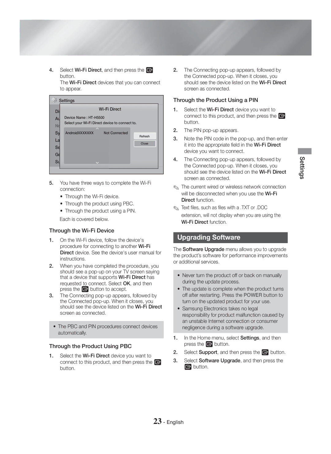 Samsung HT-H5500/TK, HT-H5550W/TK, HT-H5500/EN Upgrading Software, Through the Wi-Fi Device, Through the Product Using PBC 