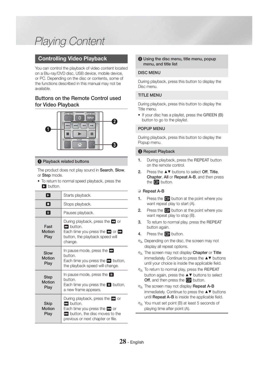 Samsung HT-H5500/EN manual Controlling Video Playback, Buttons on the Remote Control used for Video Playback, Disc Menu 