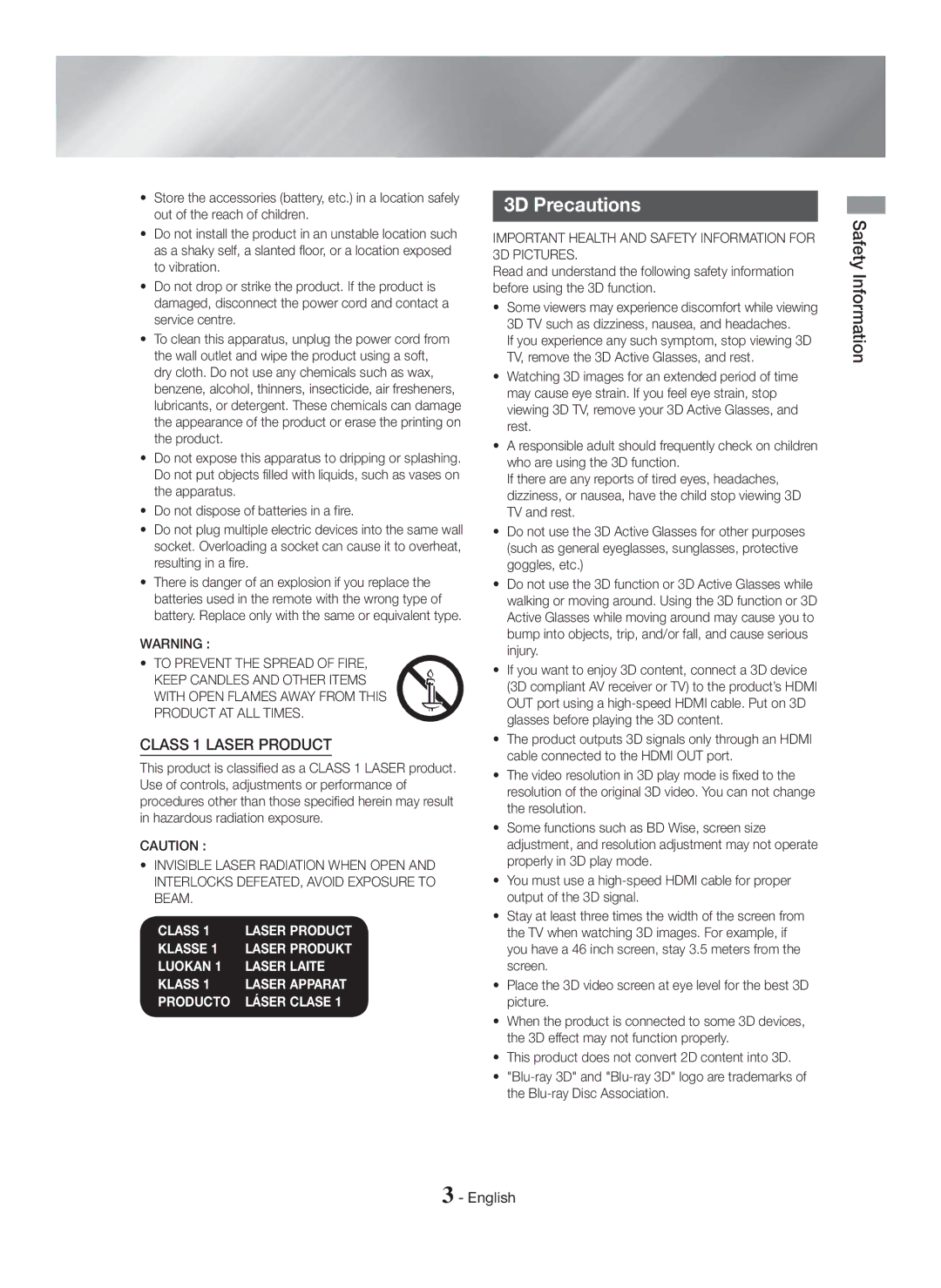 Samsung HT-H5550/TK, HT-H5550W/TK, HT-H5500/EN 3D Precautions, Important Health and Safety Information for 3D Pictures 