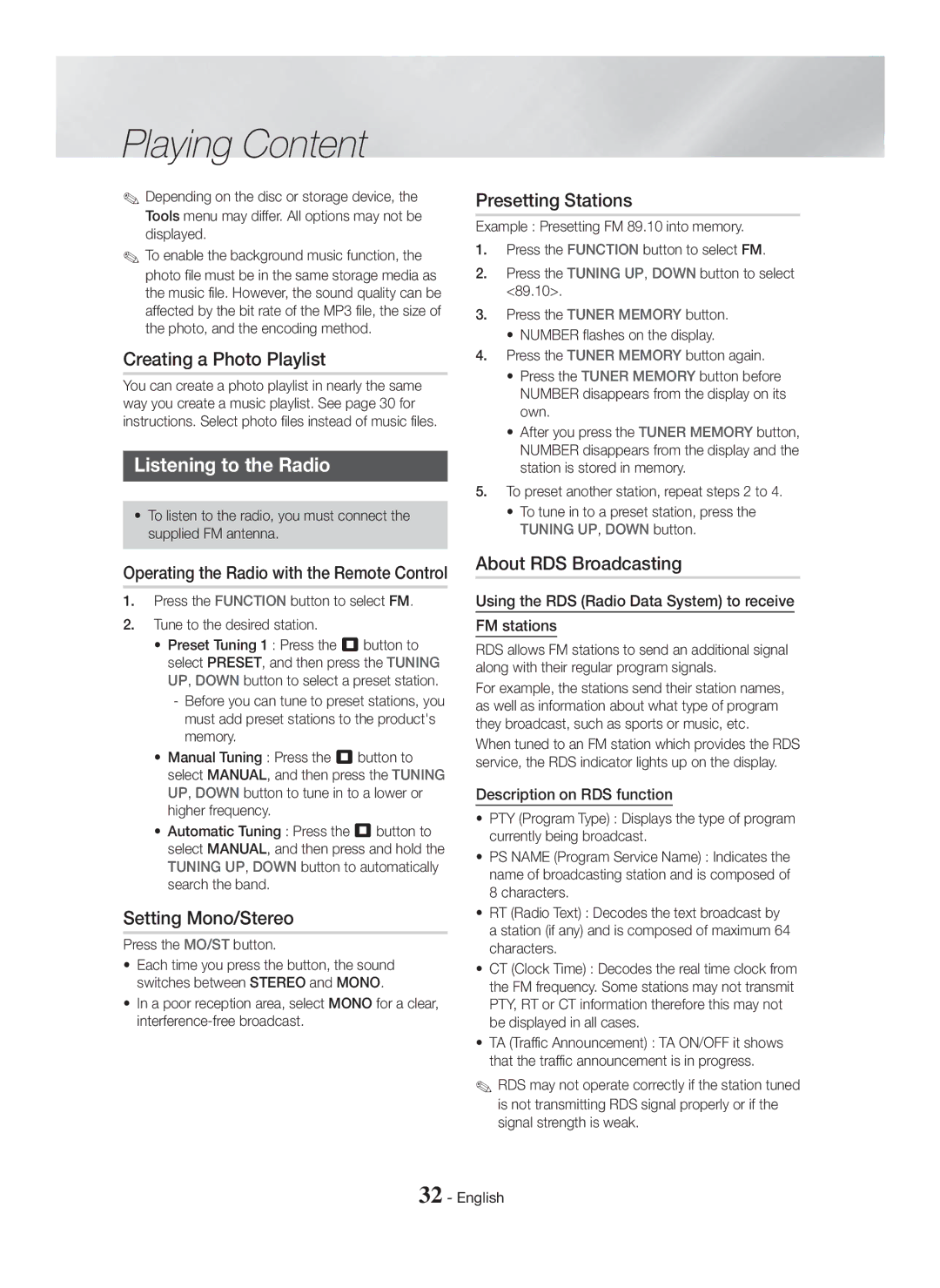 Samsung HT-H5500/TK manual Creating a Photo Playlist, Listening to the Radio, Setting Mono/Stereo, Presetting Stations 