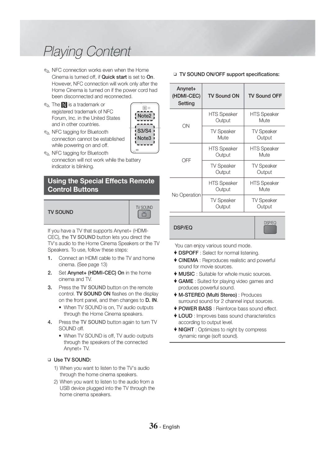 Samsung HT-H5550W/TK Using the Special Effects Remote Control Buttons, Connection cannot be established, TV Sound, Dsp/Eq 