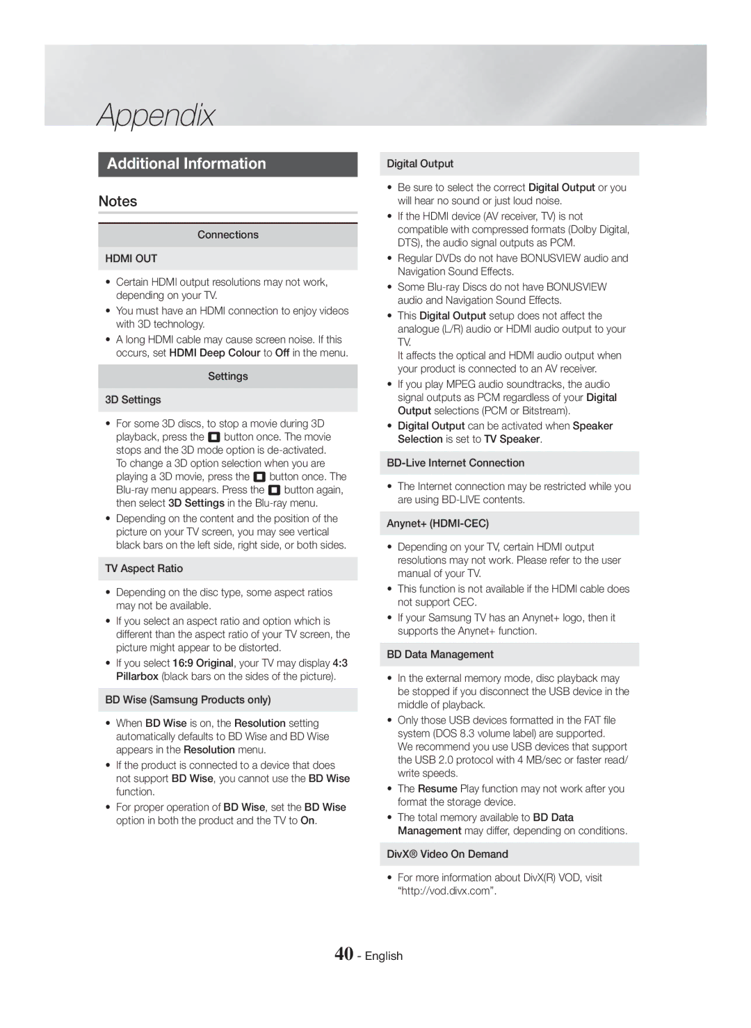 Samsung HT-H5550/EN, HT-H5550W/TK manual Appendix, Additional Information, Connections, Hdmi OUT, Settings 3D Settings 