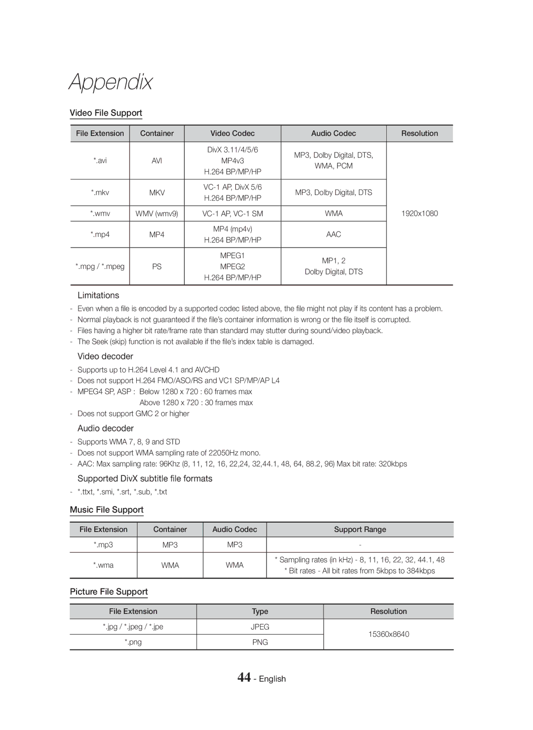 Samsung HT-H5550W/ZF, HT-H5550W/TK Video File Support,  Limitations,  Video decoder,  Audio decoder, Music File Support 