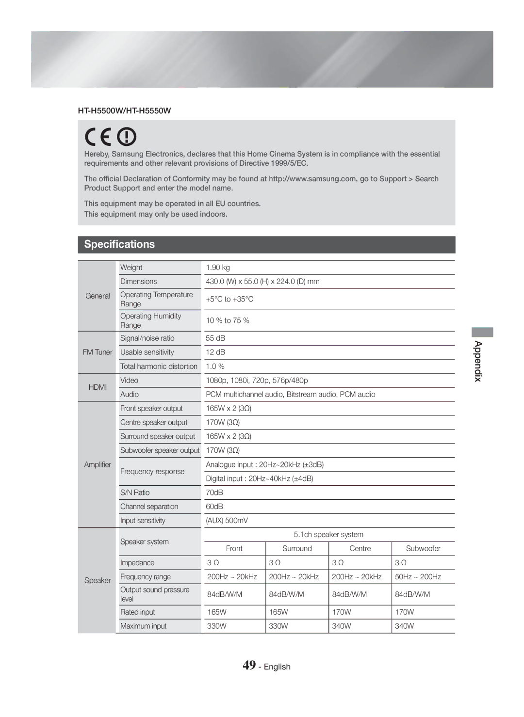 Samsung HT-H5550/EN, HT-H5550W/TK, HT-H5500/EN, HT-H5550W/EN, HT-H5550/TK, HT-H5500/TK, HT-H5550/ZF, HT-H5500/ZF Specifications 