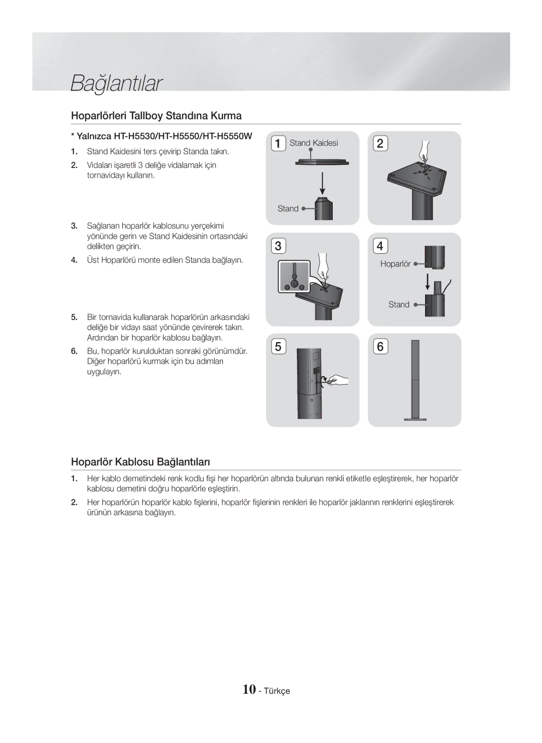 Samsung HT-H5500/ZF, HT-H5550W/TK, HT-H5500/EN manual Hoparlörleri Tallboy Standına Kurma, Hoparlör Kablosu Bağlantıları 