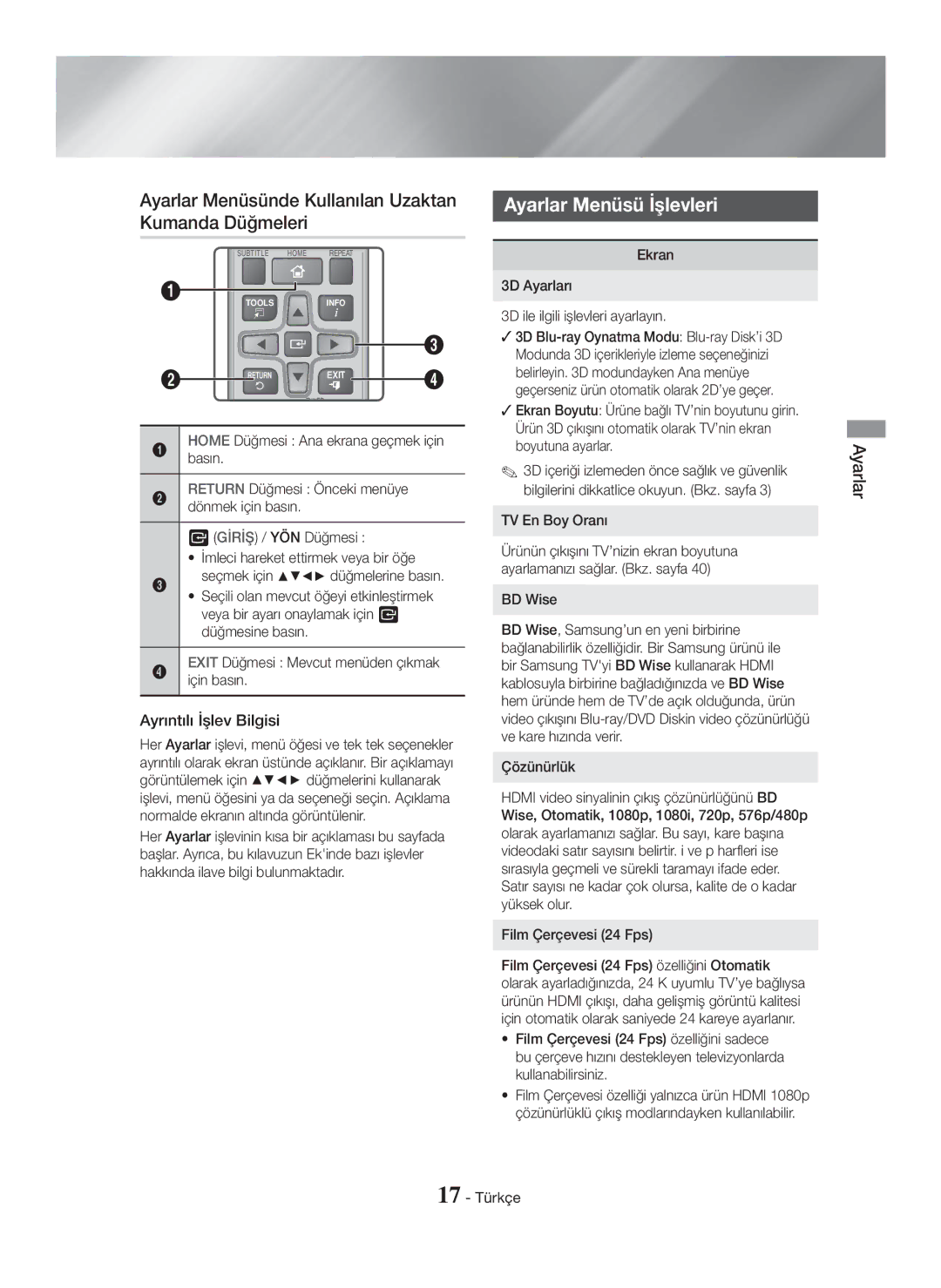 Samsung HT-H5500/TK, HT-H5550W/TK manual Ayarlar Menüsünde Kullanılan Uzaktan Kumanda Düğmeleri, Ayarlar Menüsü İşlevleri 