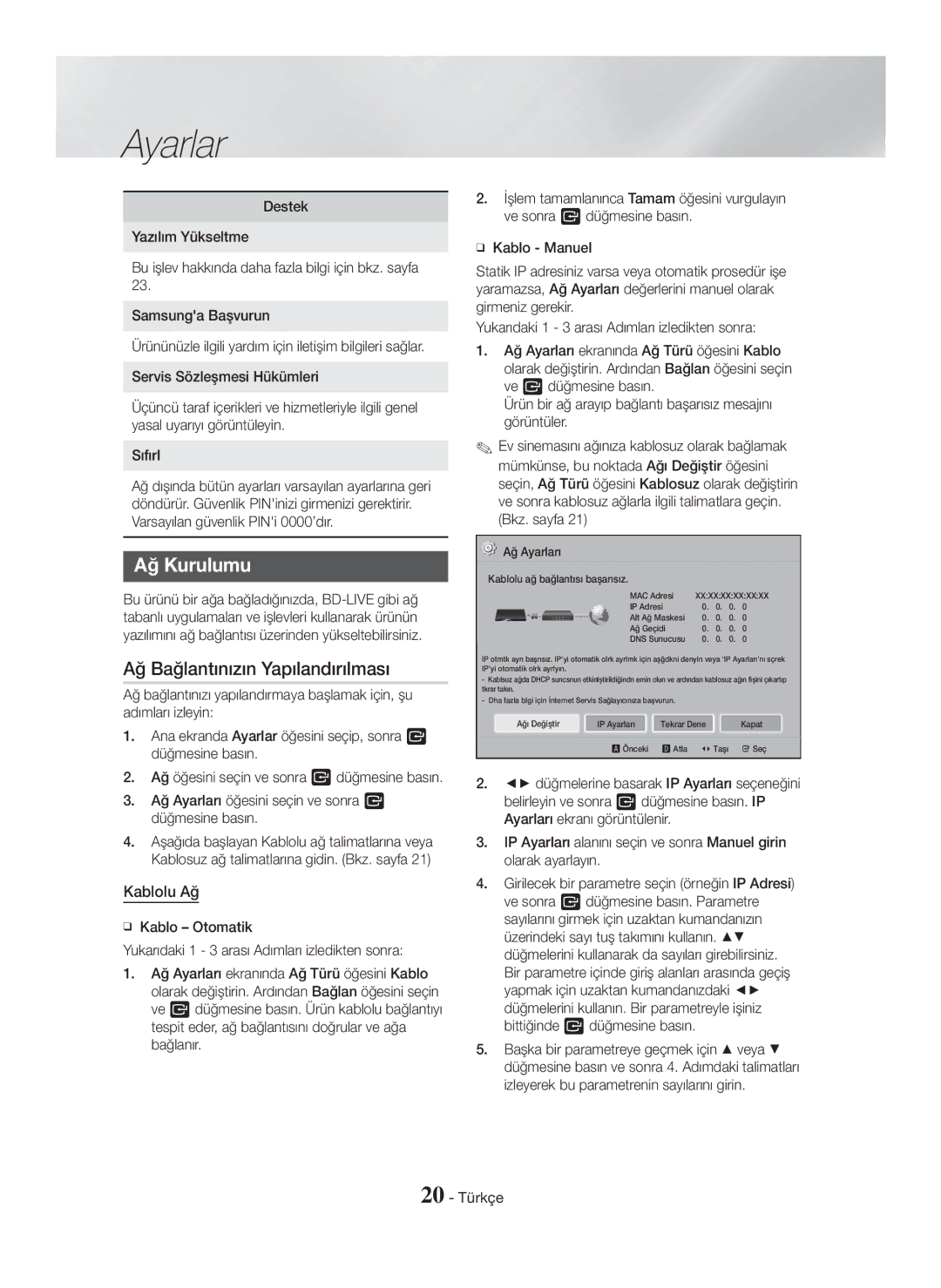 Samsung HT-H5550W/ZF, HT-H5550W/TK, HT-H5500/EN manual Ağ Kurulumu, Ağ Bağlantınızın Yapılandırılması, Kablolu Ağ, 20 Türkçe 
