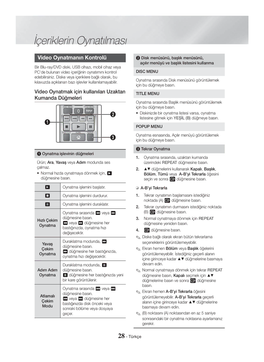 Samsung HT-H5500/ZF, HT-H5550W/TK manual Video Oynatmanın Kontrolü, Video Oynatmak için kullanılan Uzaktan Kumanda Düğmeleri 