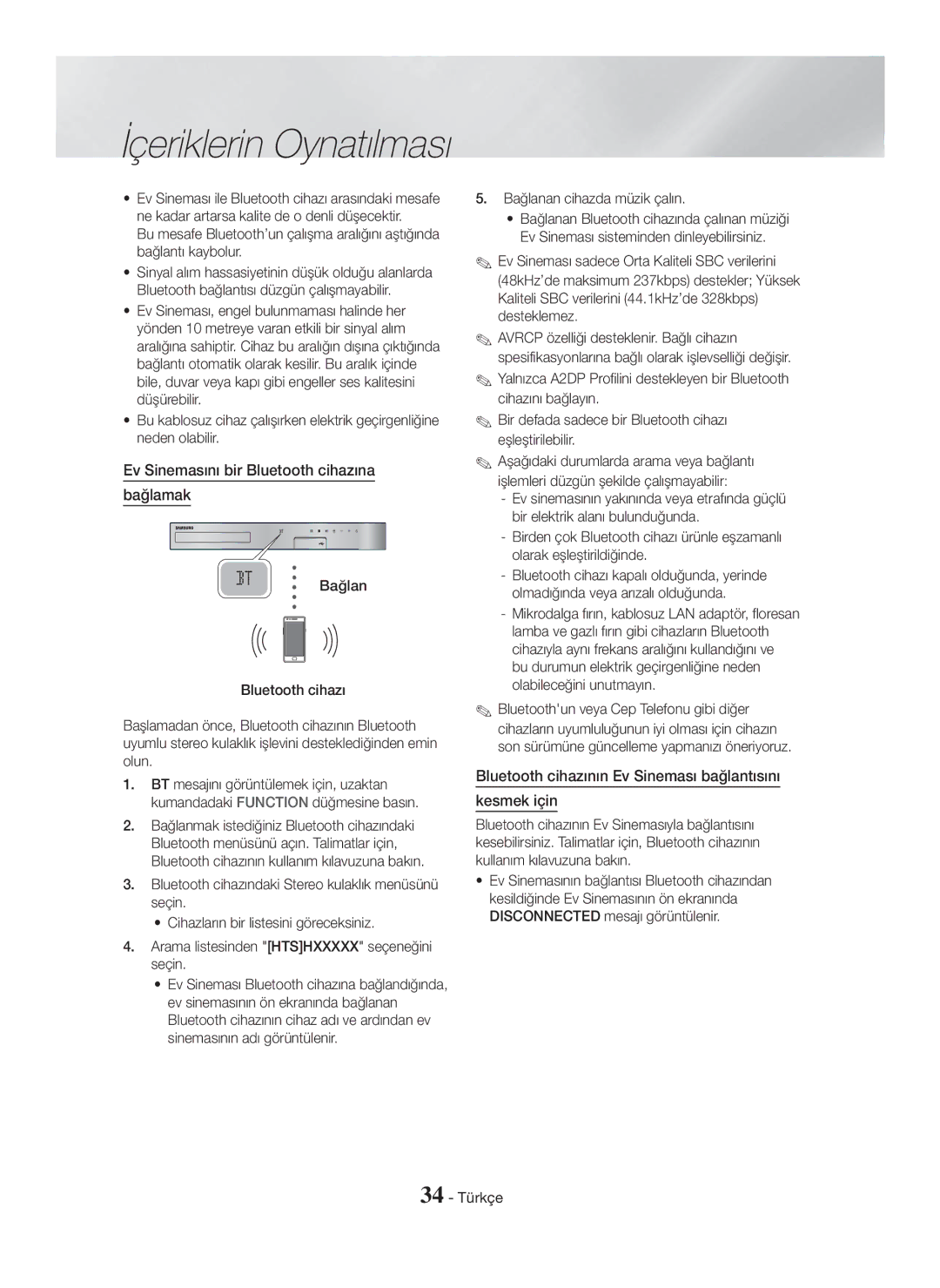 Samsung HT-H5550/EN, HT-H5550W/TK Ev Sinemasını bir Bluetooth cihazına Bağlamak, Bağlanan cihazda müzik çalın, 34 Türkçe 