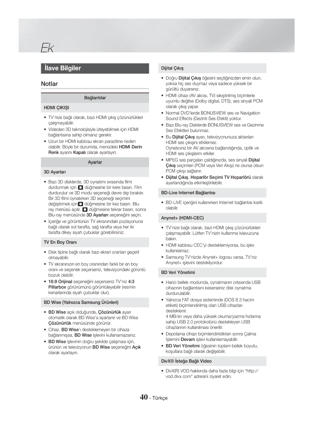 Samsung HT-H5500/EN, HT-H5550W/TK, HT-H5550W/EN, HT-H5550/TK, HT-H5550/EN, HT-H5500/TK manual İlave Bilgiler, Notlar, 40 Türkçe 