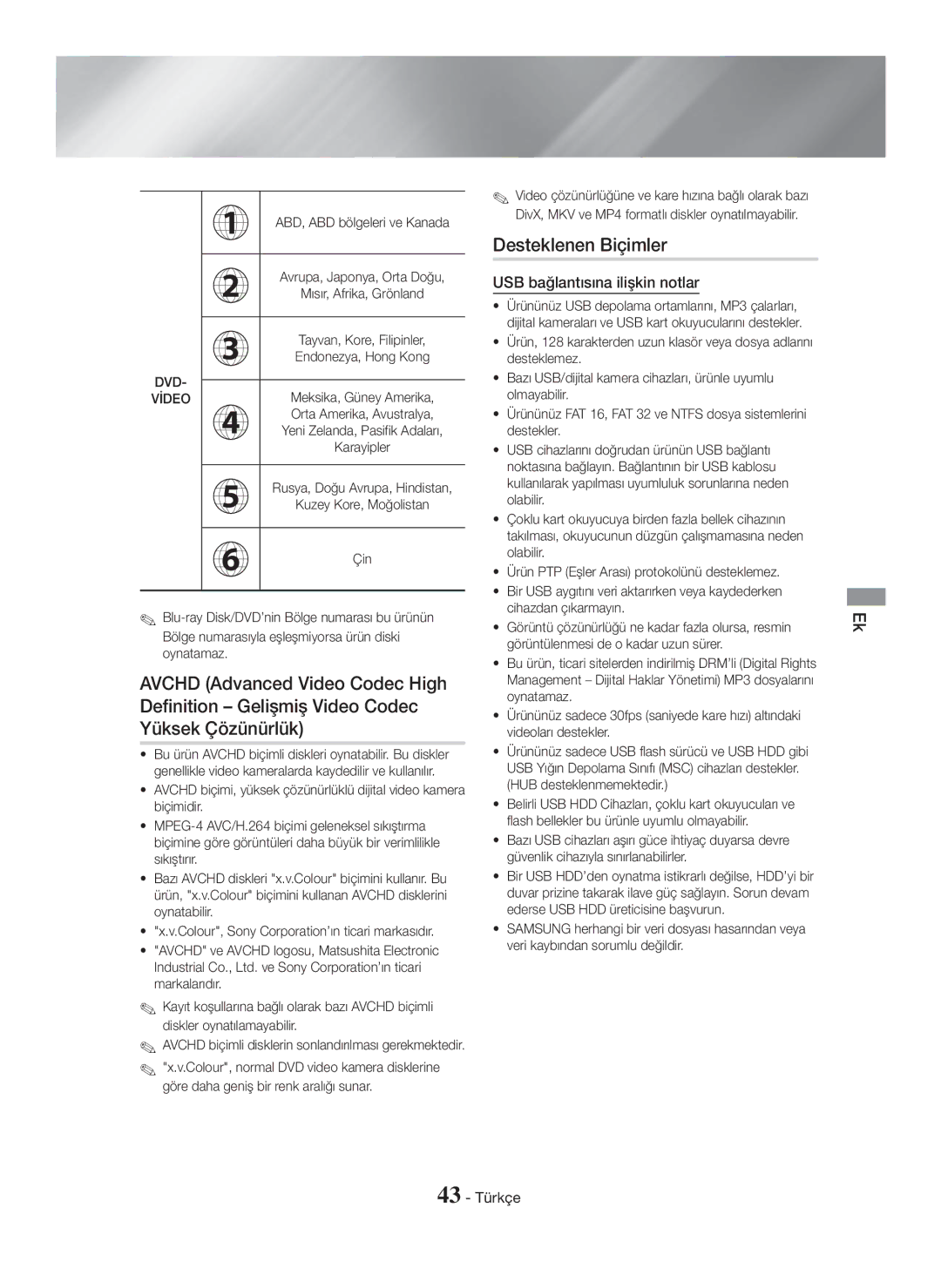 Samsung HT-H5550/EN, HT-H5550W/TK, HT-H5500/EN manual Desteklenen Biçimler, USB bağlantısına ilişkin notlar, 43 Türkçe, Çin 
