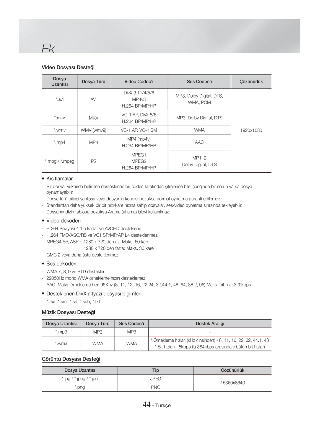 Samsung HT-H5500/TK manual Video Dosyası Desteği,  Kısıtlamalar,  Video dekoderi,  Ses dekoderi, Müzik Dosyası Desteği 