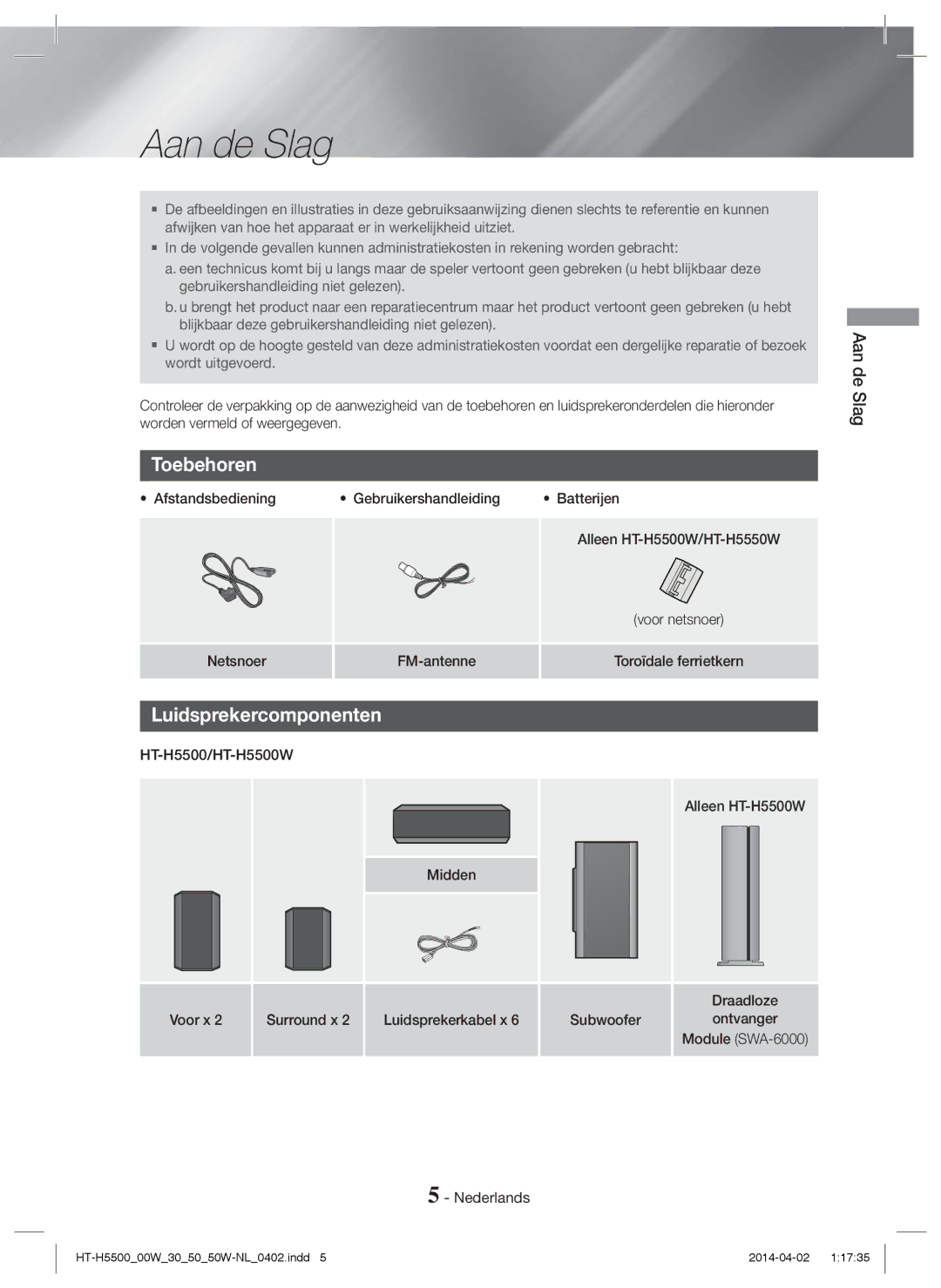 Samsung HT-H5500/XU, HT-H5550W/TK Aan de Slag, Toebehoren, Luidsprekercomponenten, Afstandsbediening Gebruikershandleiding 