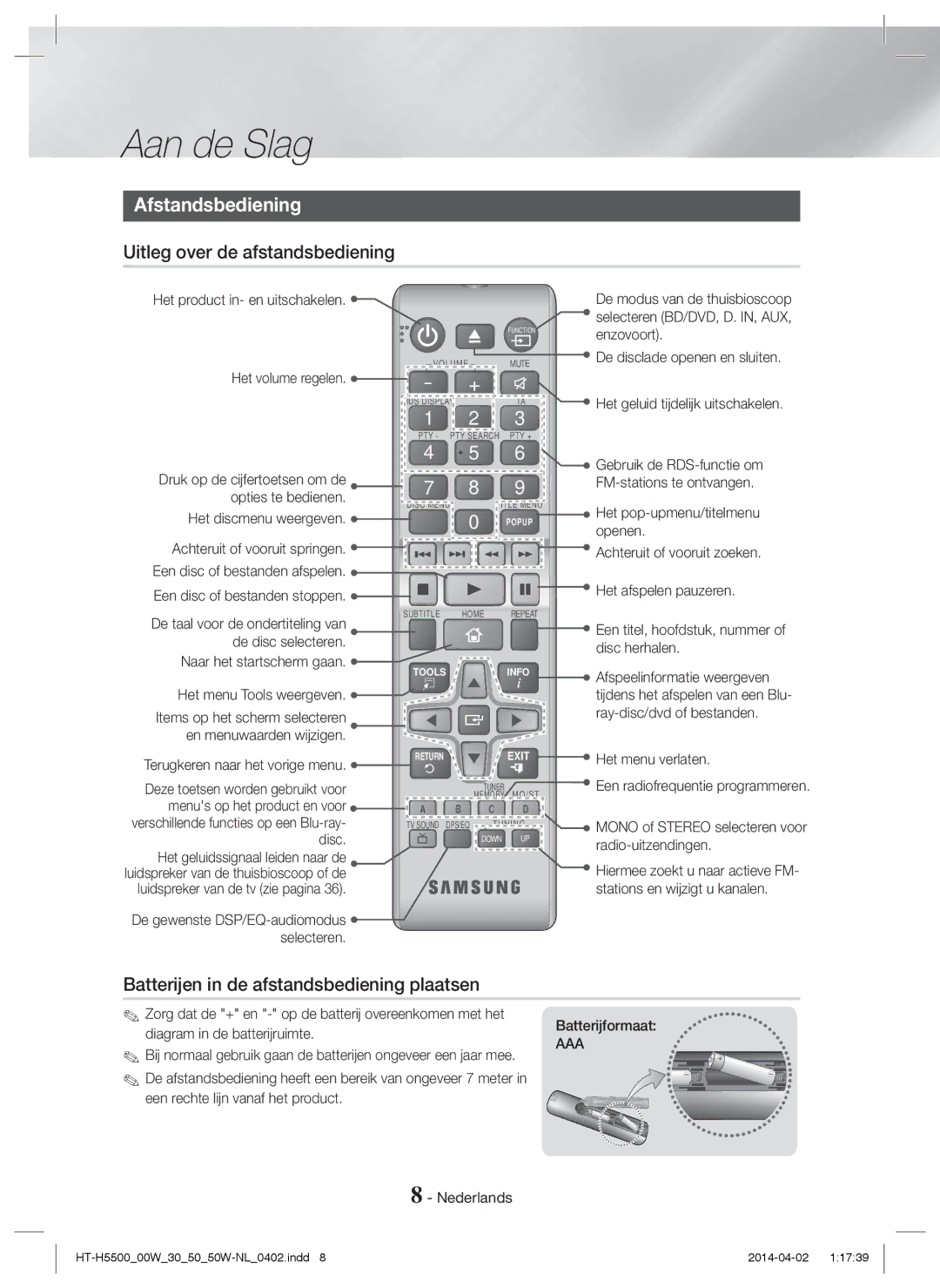 Samsung HT-H5500/XN Afstandsbediening, Uitleg over de afstandsbediening, Batterijen in de afstandsbediening plaatsen, Aaa 