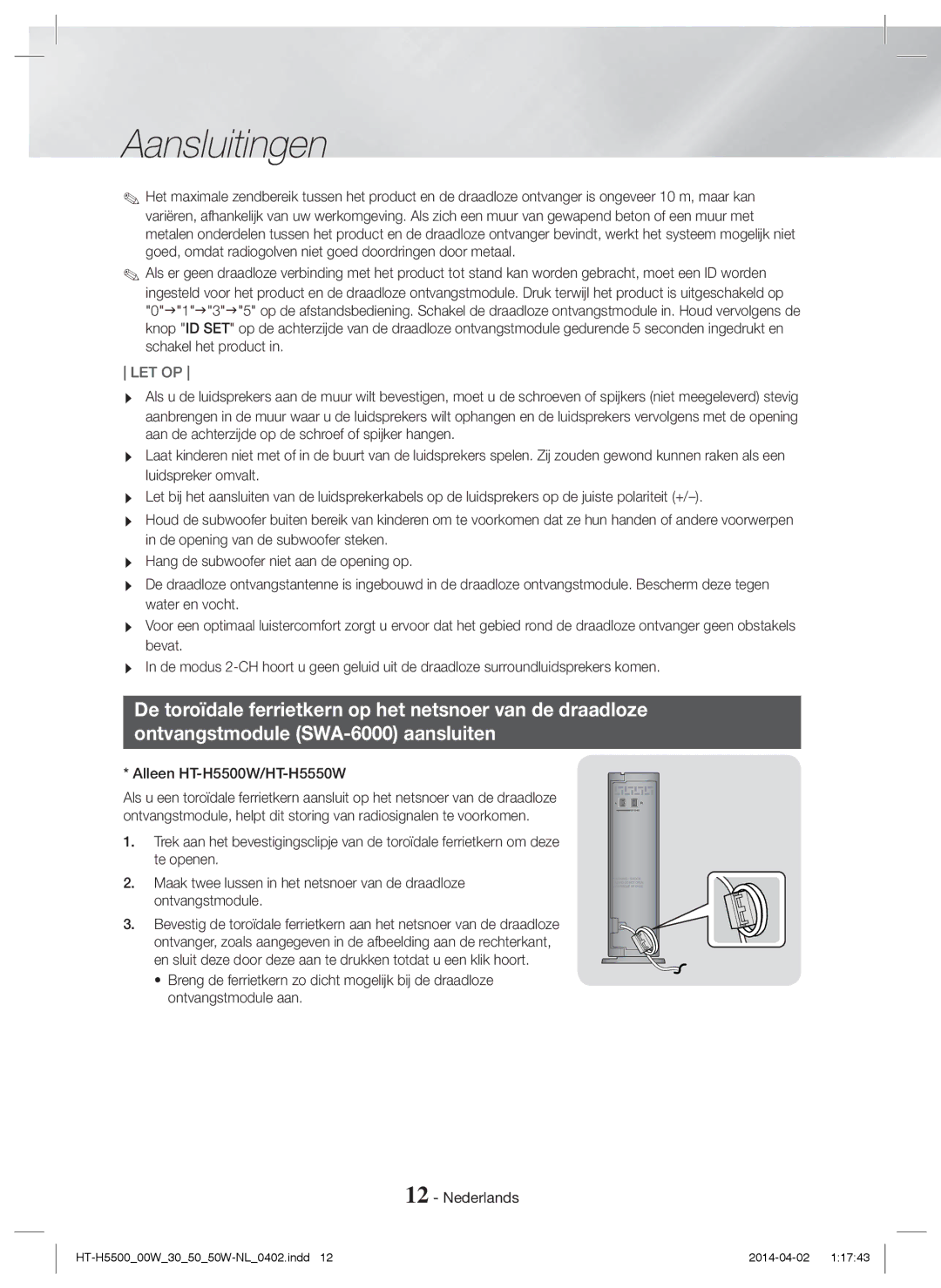 Samsung HT-H5530/EN, HT-H5550W/TK, HT-H5500W/EN, HT-H5500/EN, HT-H5550W/EN, HT-H5550/TK Let Op, Alleen HT-H5500W/HT-H5550W 