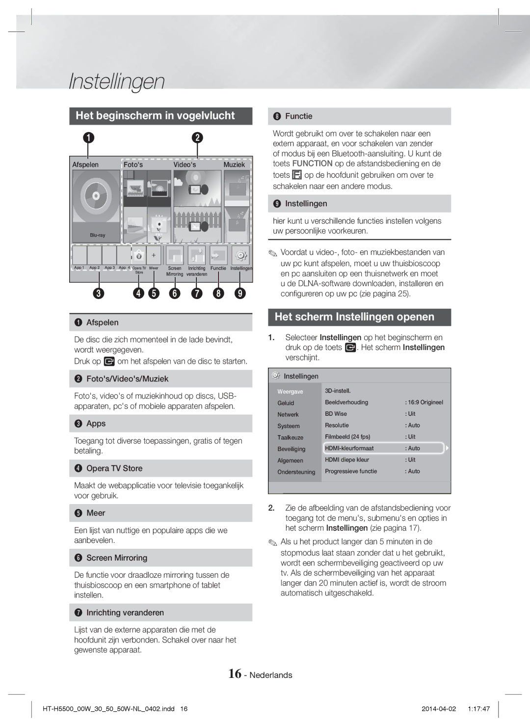 Samsung HT-H5550/TK, HT-H5550W/TK, HT-H5530/EN manual Het beginscherm in vogelvlucht, Het scherm Instellingen openen, Functie 