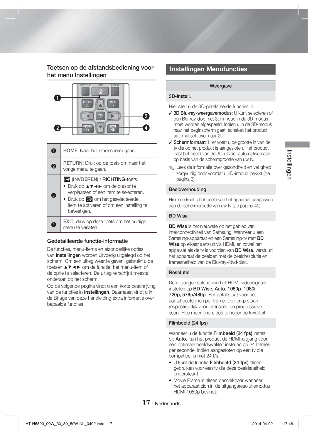 Samsung HT-H5550/EN, HT-H5550W/TK Toetsen op de afstandsbediening voor het menu Instellingen, Instellingen Menufuncties 