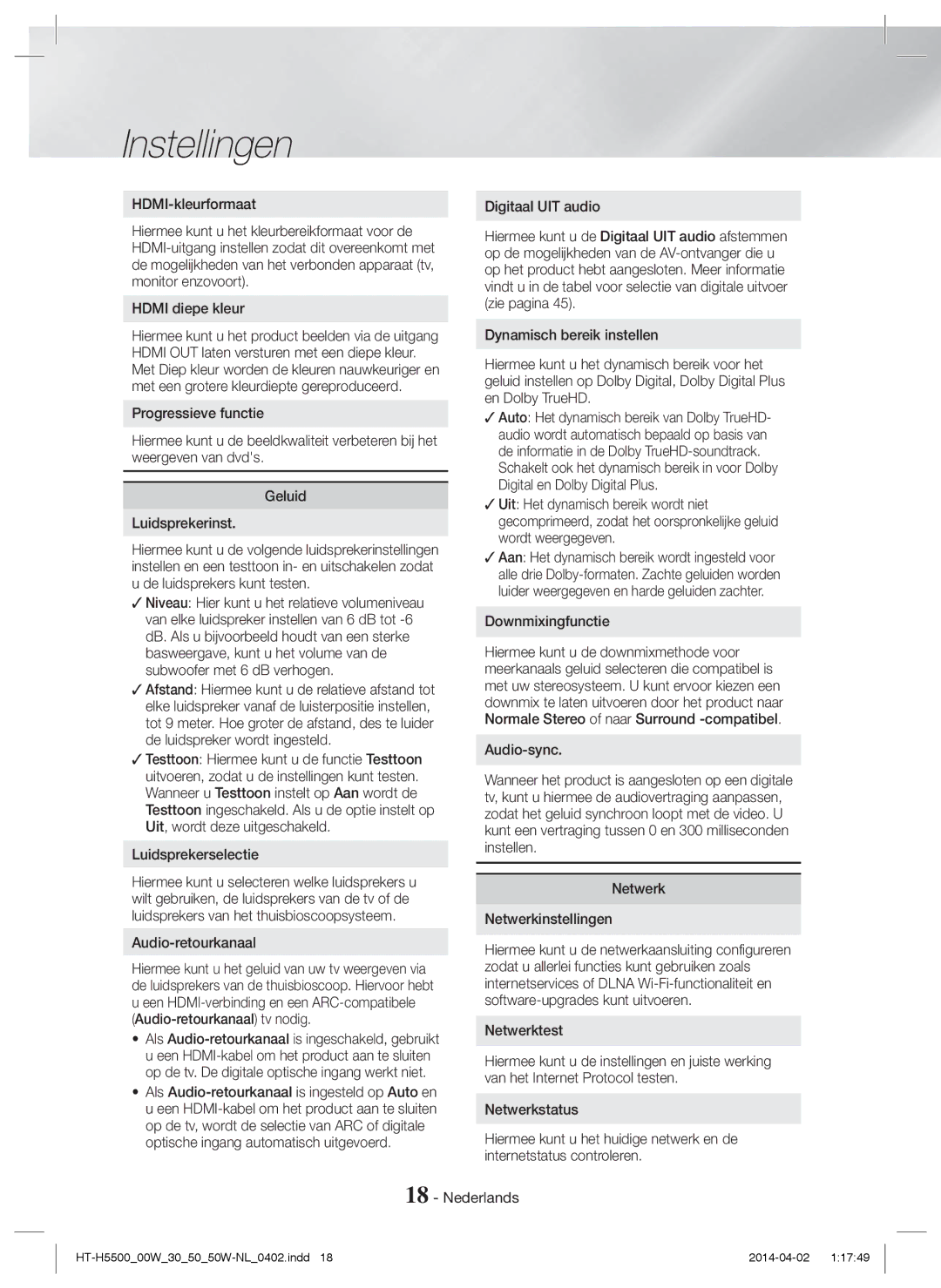 Samsung HT-H5500/TK manual Digitaal UIT audio, Luidsprekerselectie, Audio-retourkanaal, Downmixingfunctie, Audio-sync 