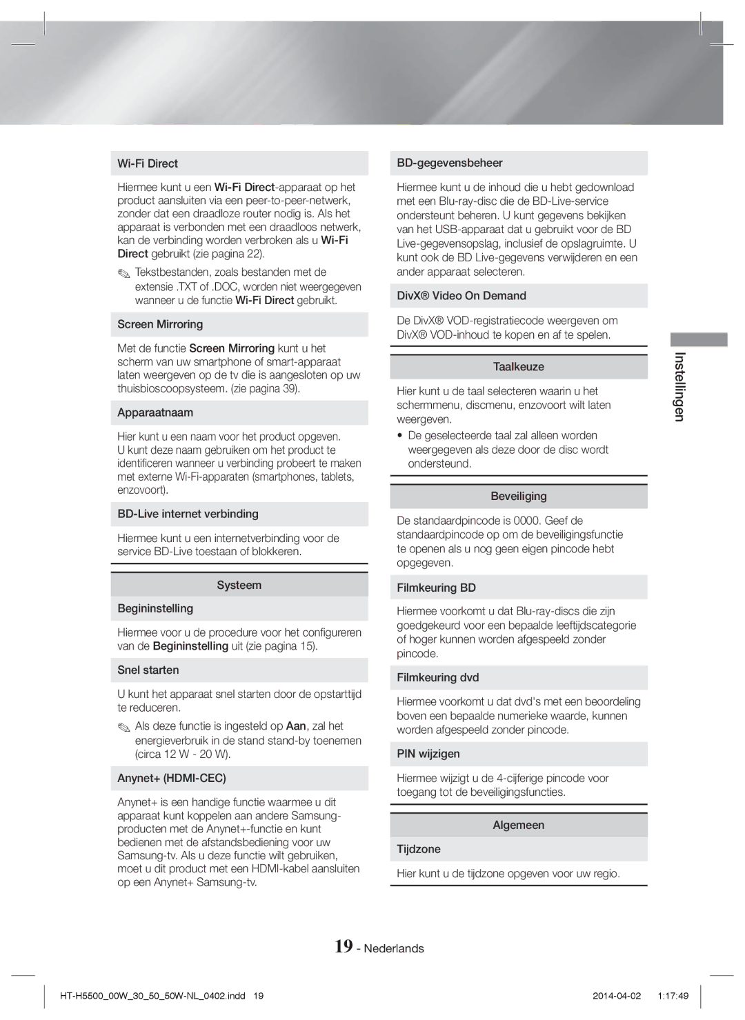 Samsung HT-H5550/ZF Apparaatnaam, BD-Live internet verbinding, Systeem Begininstelling, BD-gegevensbeheer, PIN wijzigen 