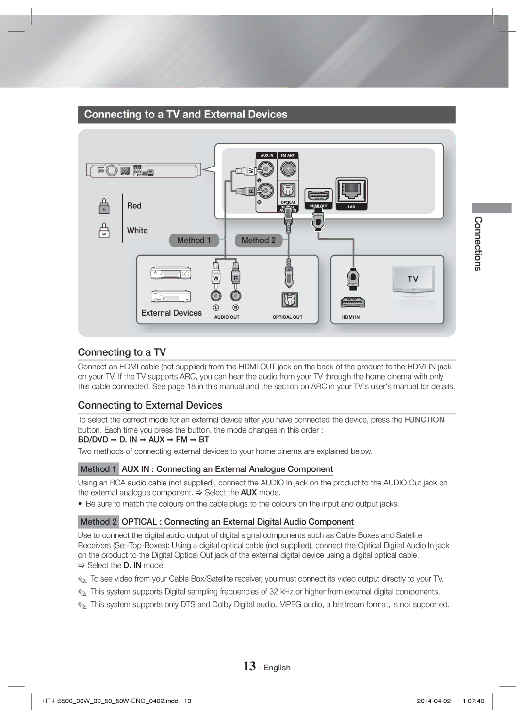 Samsung HT-H5550/XU manual Connecting to a TV and External Devices, Connecting to External Devices, BD/DVD D. in AUX FM BT 