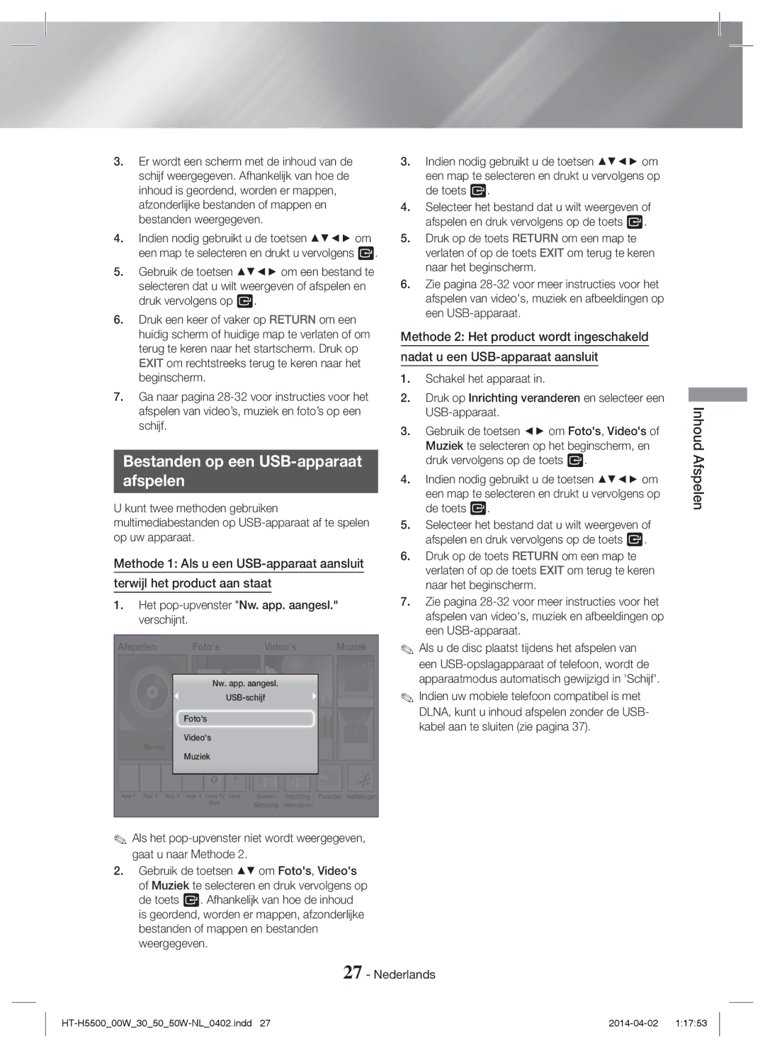 Samsung HT-H5530/XN, HT-H5550W/TK, HT-H5530/EN, HT-H5500W/EN manual Bestanden op een USB-apparaat Afspelen, Inhoud Afspelen 