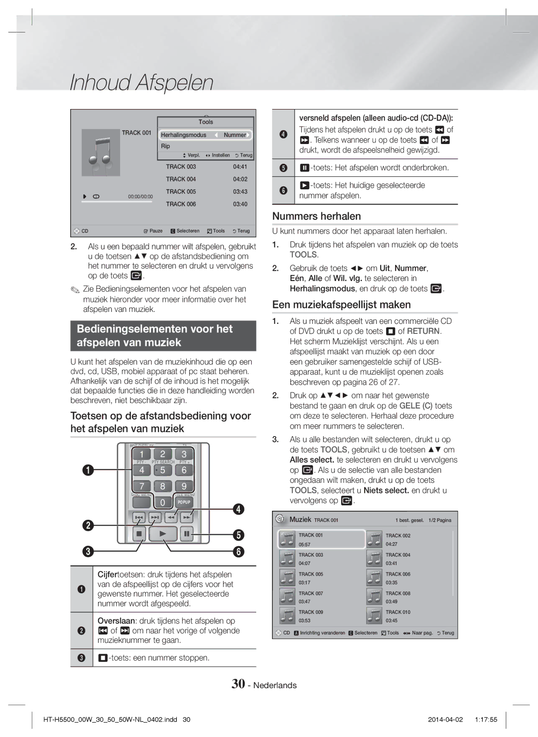 Samsung HT-H5550/XN manual Bedieningselementen voor het Afspelen van muziek, Nummers herhalen, Een muziekafspeellijst maken 