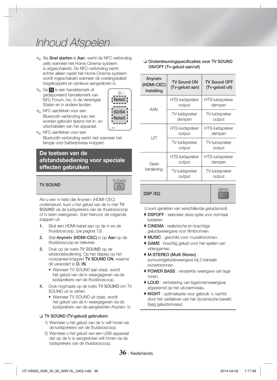 Samsung HT-H5500W/EN, HT-H5550W/TK, HT-H5530/EN, HT-H5500/EN manual TV Sound TV-geluid gebruiken, Bediening, Dsp /Eq, Aan 