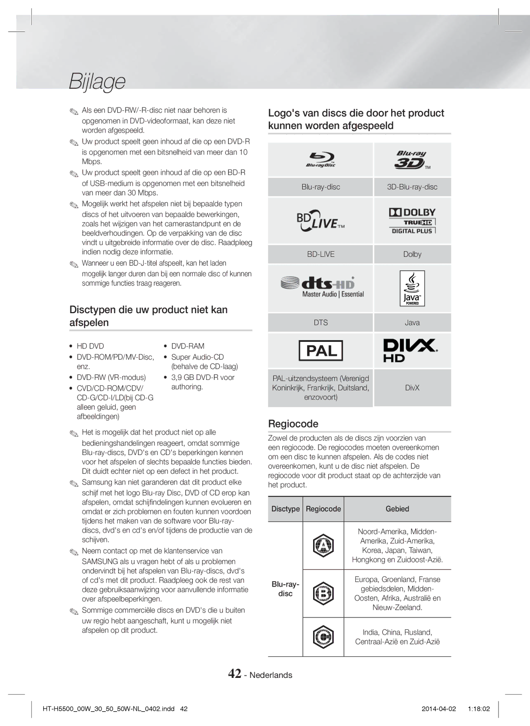 Samsung HT-H5550/ZF, HT-H5550W/TK, HT-H5530/EN, HT-H5500W/EN manual Disctypen die uw product niet kan afspelen, Regiocode 