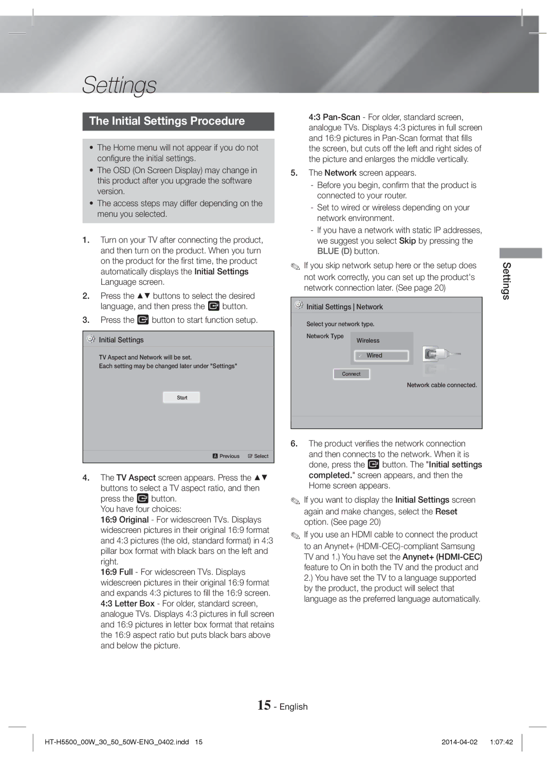 Samsung HT-H5500W/XN, HT-H5550W/TK, HT-H5530/EN Initial Settings Procedure, Press the E button to start function setup 