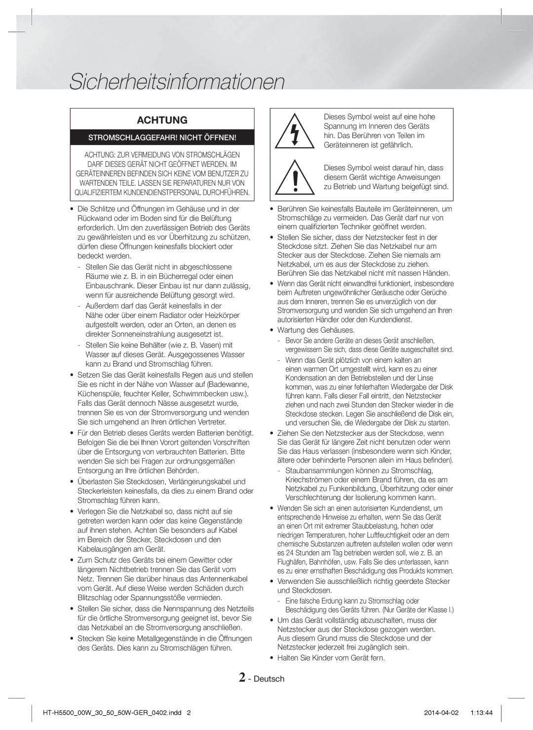 Samsung HT-H5500/XN, HT-H5530/EN Sicherheitsinformationen, Deutsch, Wartung des Gehäuses, Halten Sie Kinder vom Gerät fern 