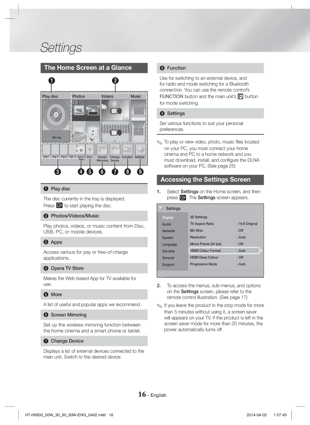 Samsung HT-H5530/XN, HT-H5550W/TK, HT-H5530/EN, HT-H5500W/EN manual Home Screen at a Glance, Accessing the Settings Screen 