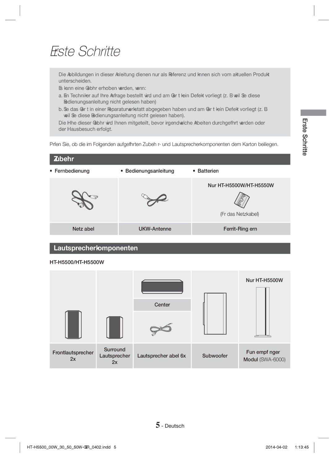 Samsung HT-H5550W/TK, HT-H5530/EN, HT-H5500W/EN, HT-H5500/EN, HT-H5550W/EN Erste Schritte, Zubehör, Lautsprecherkomponenten 