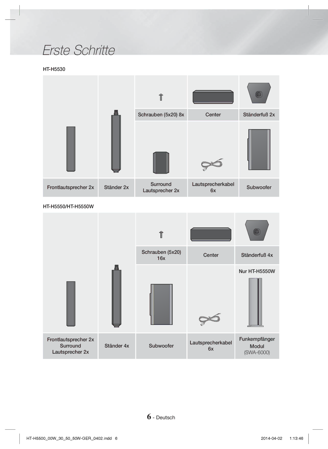 Samsung HT-H5530/EN, HT-H5550W/TK, HT-H5500W/EN, HT-H5500/EN, HT-H5550W/EN, HT-H5550/TK, HT-H5550/EN, HT-H5500/TK Erste Schritte 