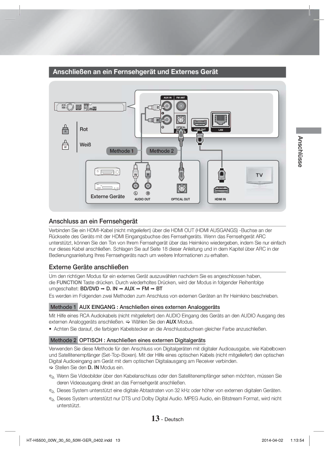 Samsung HT-H5550/ZF, HT-H5550W/TK manual Anschließen an ein Fernsehgerät und Externes Gerät, Anschluss an ein Fernsehgerät 