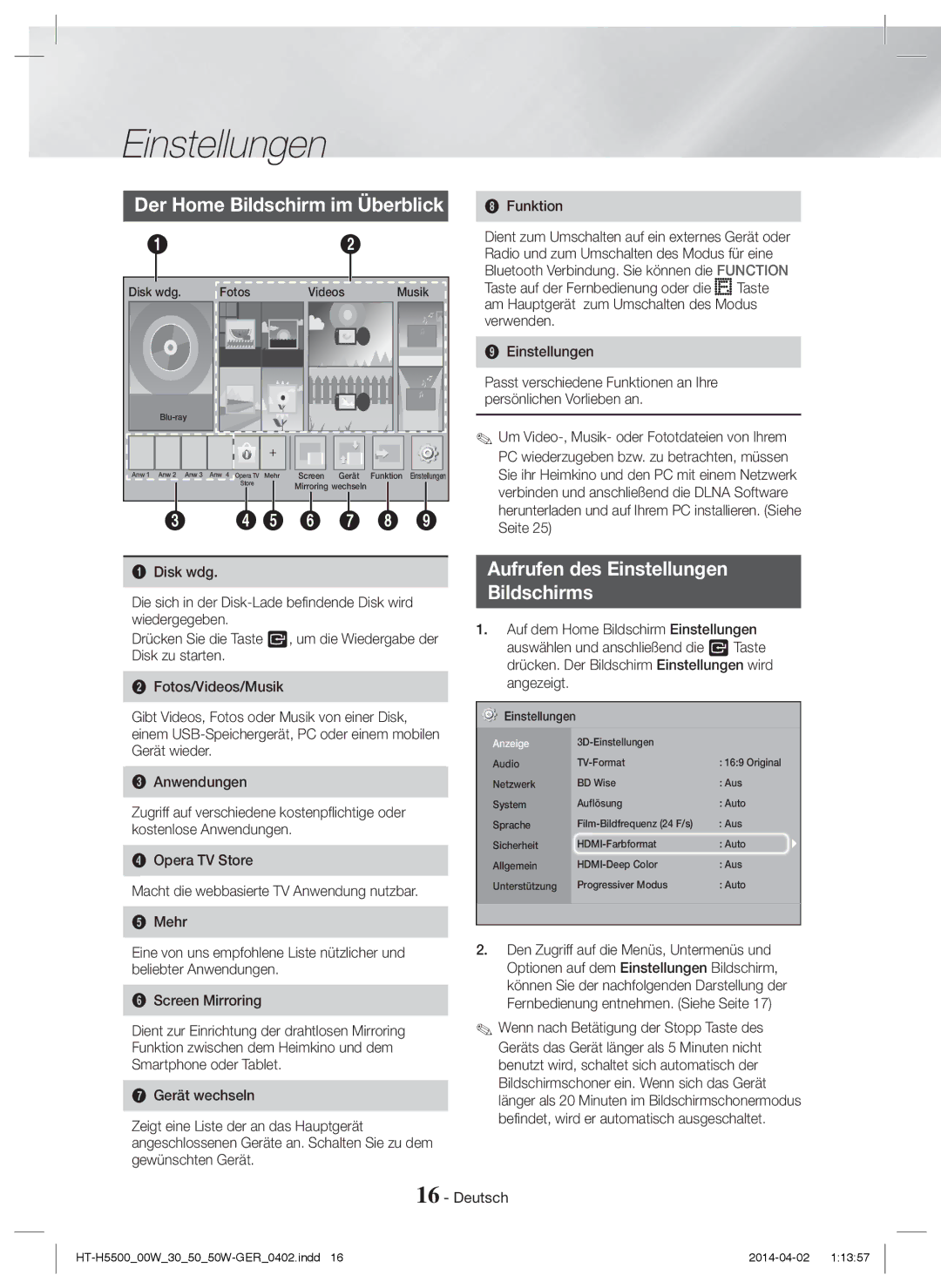 Samsung HT-H5530/ZF, HT-H5530/EN Der Home Bildschirm im Überblick, Aufrufen des Einstellungen Bildschirms, Funktion, Seite 