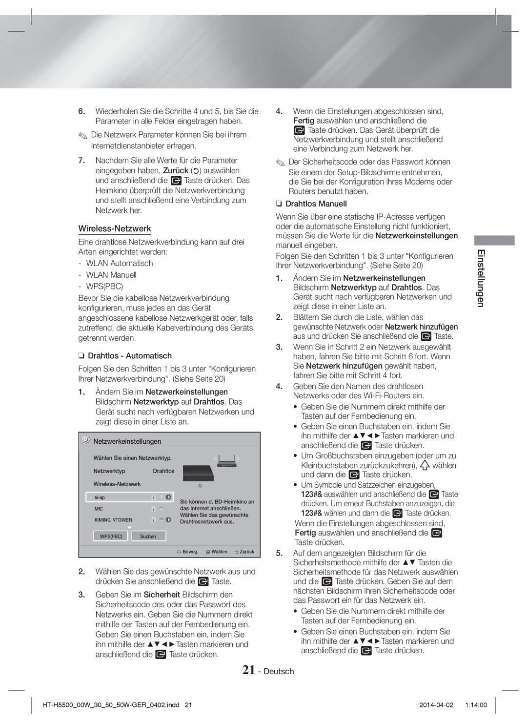 Samsung HT-H5530/XN, HT-H5550W/TK, HT-H5530/EN, HT-H5500W/EN, HT-H5500/EN, HT-H5550W/EN, HT-H5550/TK manual Wireless-Netzwerk 