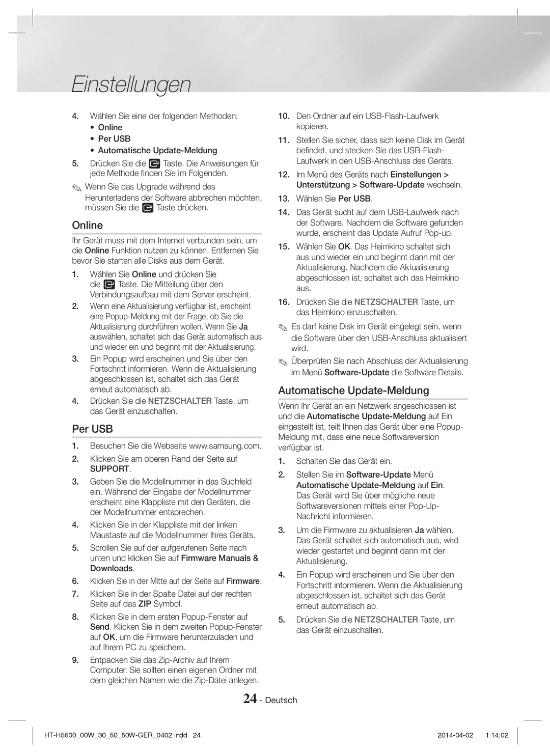 Samsung HT-H5550/XN, HT-H5550W/TK, HT-H5530/EN, HT-H5500W/EN, HT-H5500/EN manual Per USB, Automatische Update-Meldung, Support 